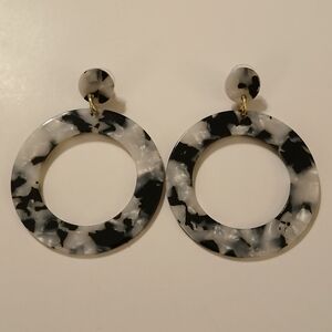 Black White Shaded Marble Style Fashion Statement Drop Earrings